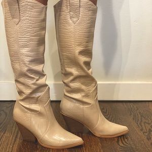 Nude Crocodile Knee-high Boots